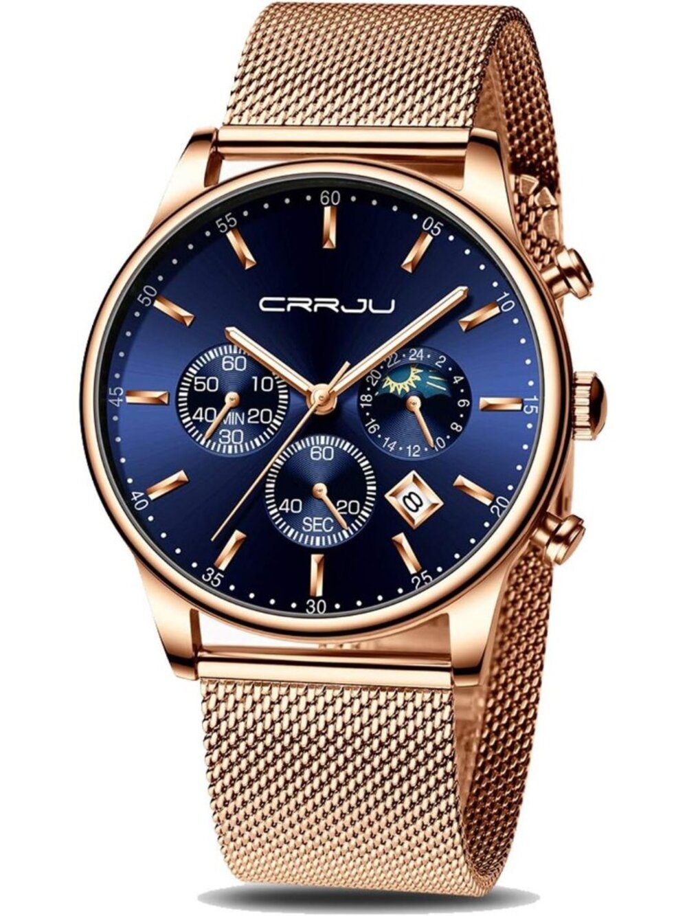 Men's Rose Blue Chronograph Auto Date Steel Quartz with Mesh Strap Wristwatch